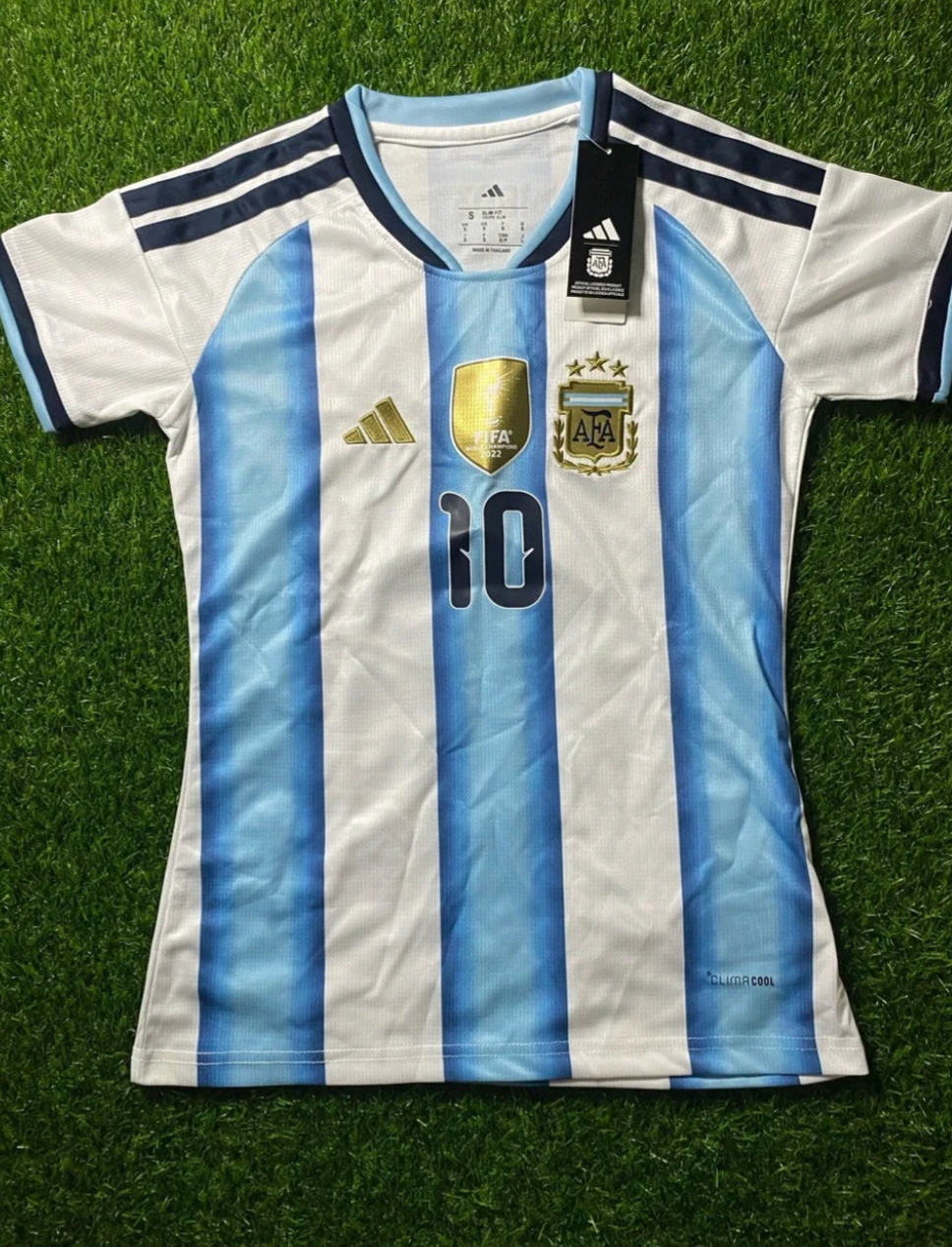 Argentina Women’s Soccer Jersey in Blue, White & Gold Size S Slim Fit- Messi #10