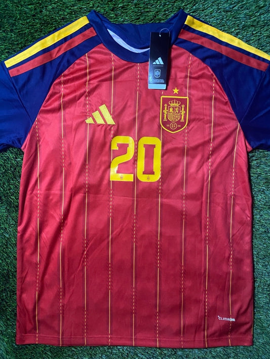 Pedri #20 Red & Navy Spain Soccer Jersey with Yellow Accents Fan Version