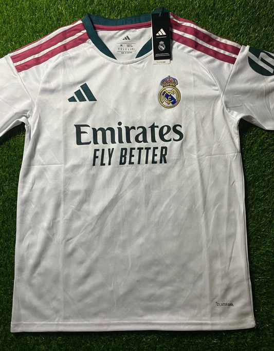 Real Madrid Home Jersey - Size M White with Burgundy and Dark Green Accents Fan Version