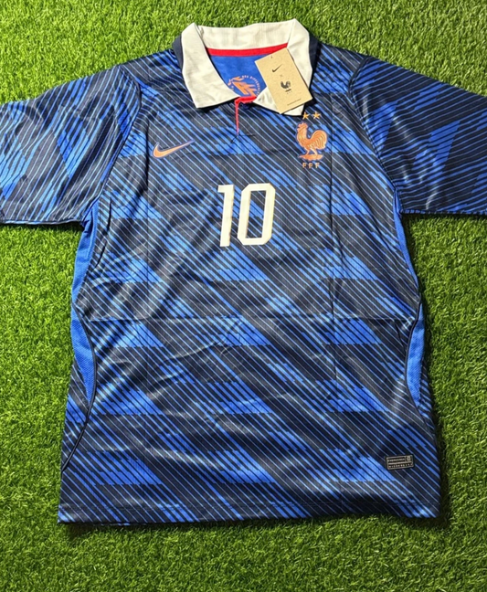 France Men's Blue Mbappe #10 Football Jersey Size L with White Collar Fan Version