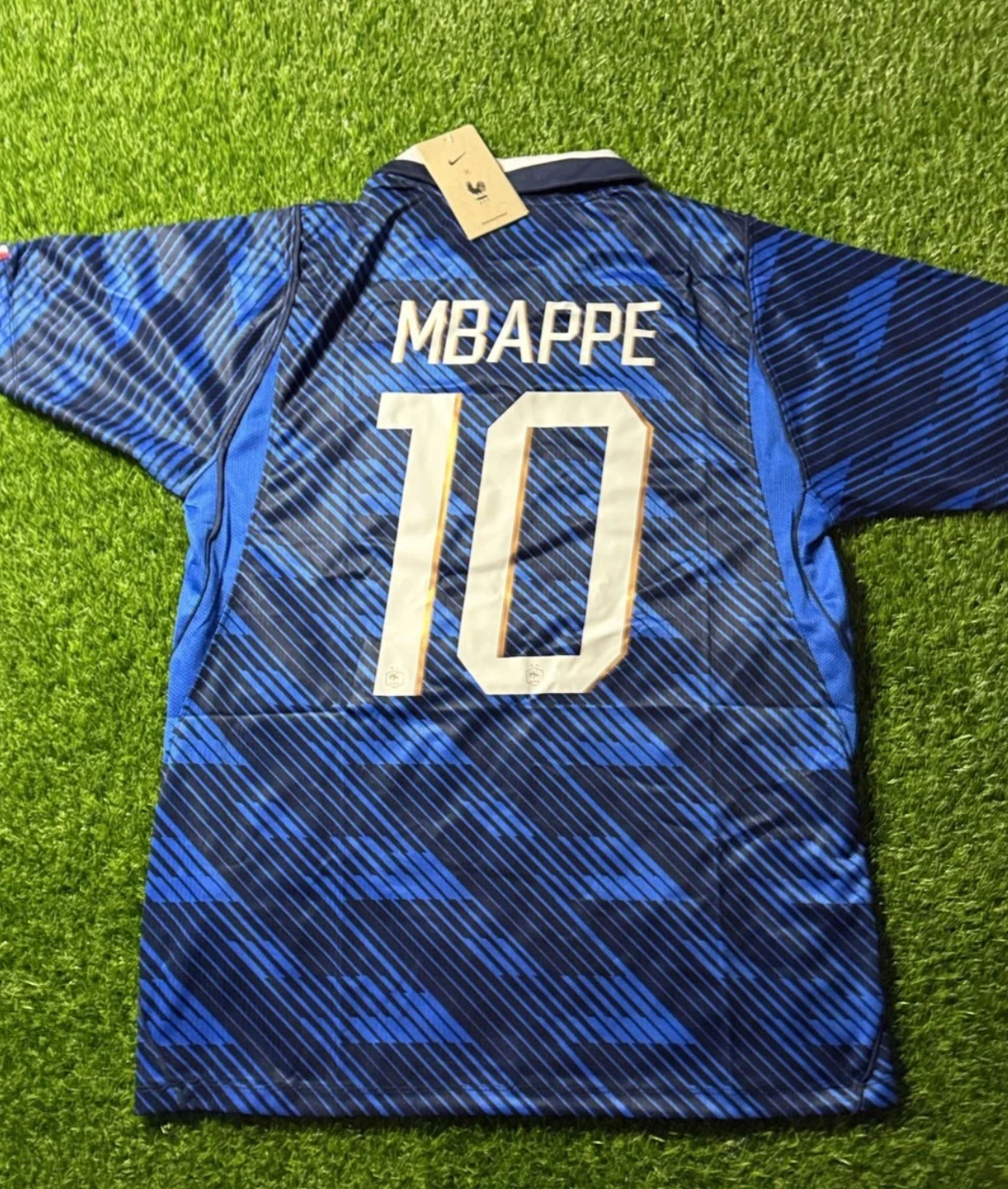 France Men's Blue Mbappe #10 Football Jersey Size L with White Collar Fan Version