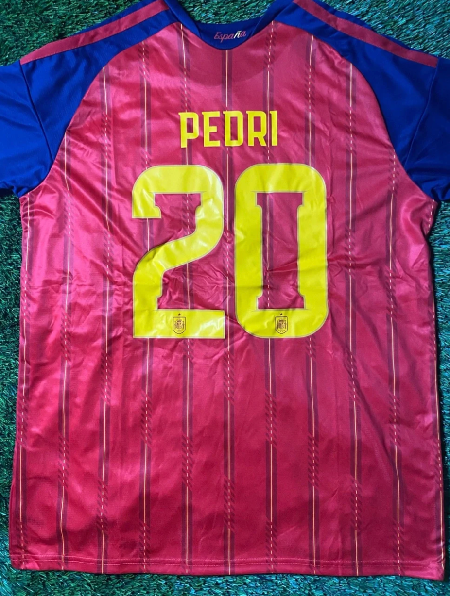 Spain Soccer Jersey in Red, Navy & Yellow Size 2XL Pedri #20 fan version